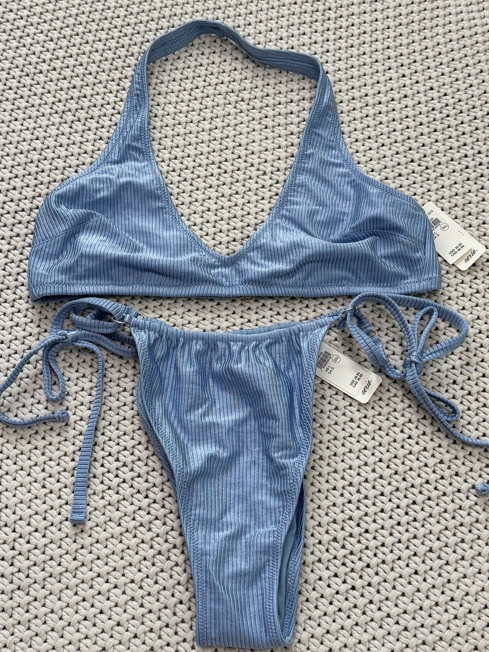 NWT Aerie Periwinkle Blue Ribbed Bikini Set - Size Large